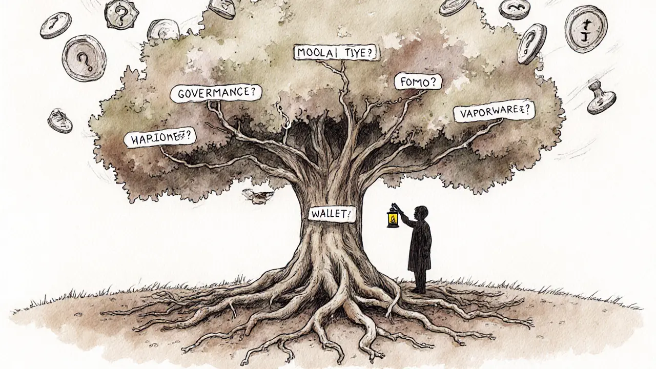 Diagram of MOOLA ecosystem with dead-end branches and question marks, stylized as ink sketch.