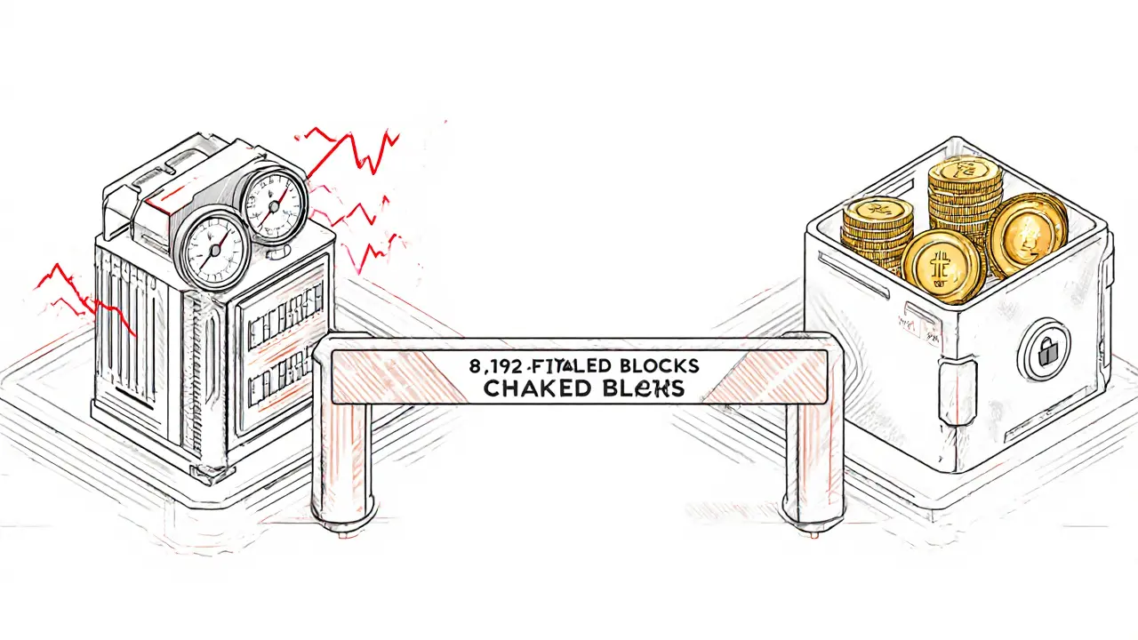 Dual-layer security prototype showing mining rigs and staking wallets connected by a finality checkpoint barrier.