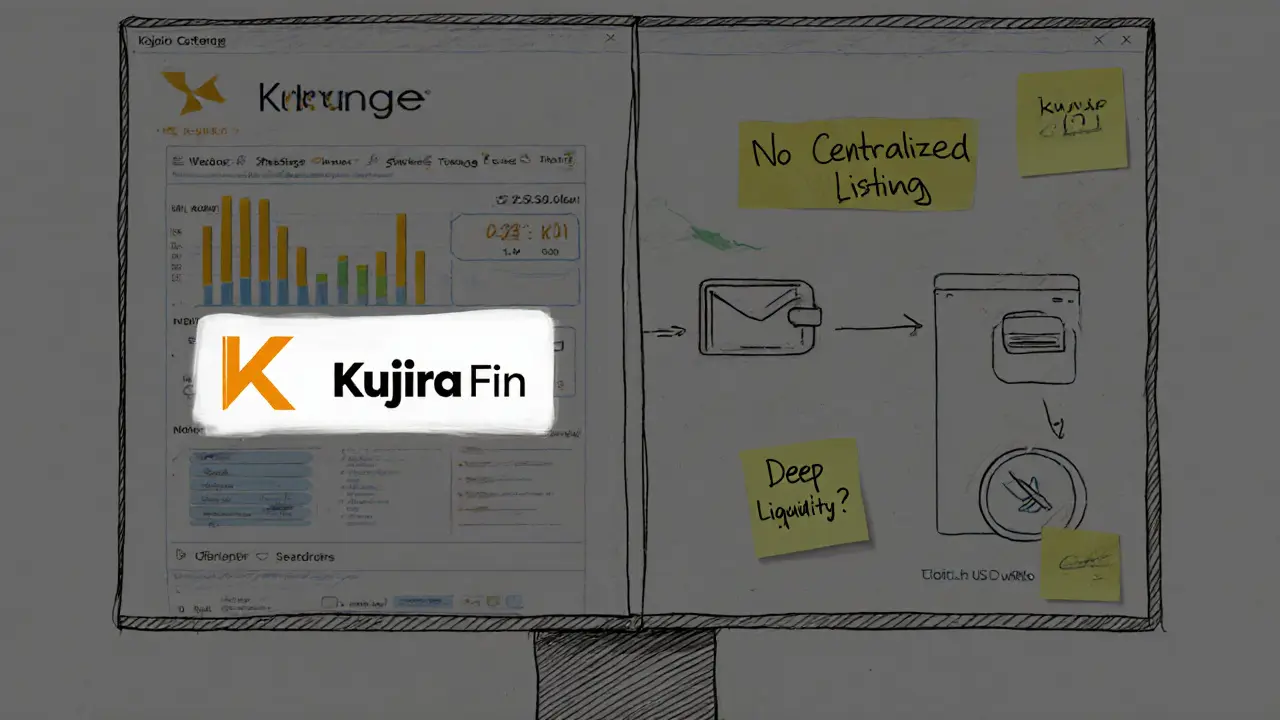 Dual-panel sketch comparing fake exchange UI with real Kujira dashboard and handwritten warnings.