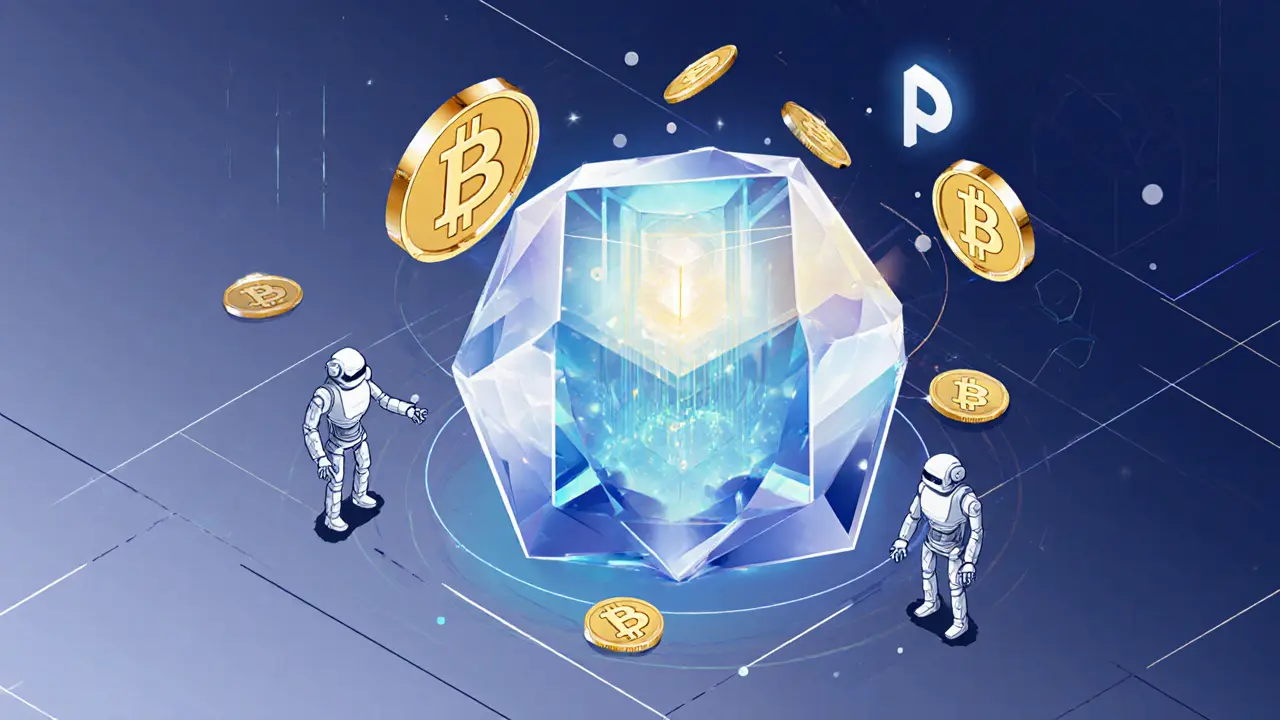 Geometric liquidity node with glowing channels and repelled bot figures in isometric design.