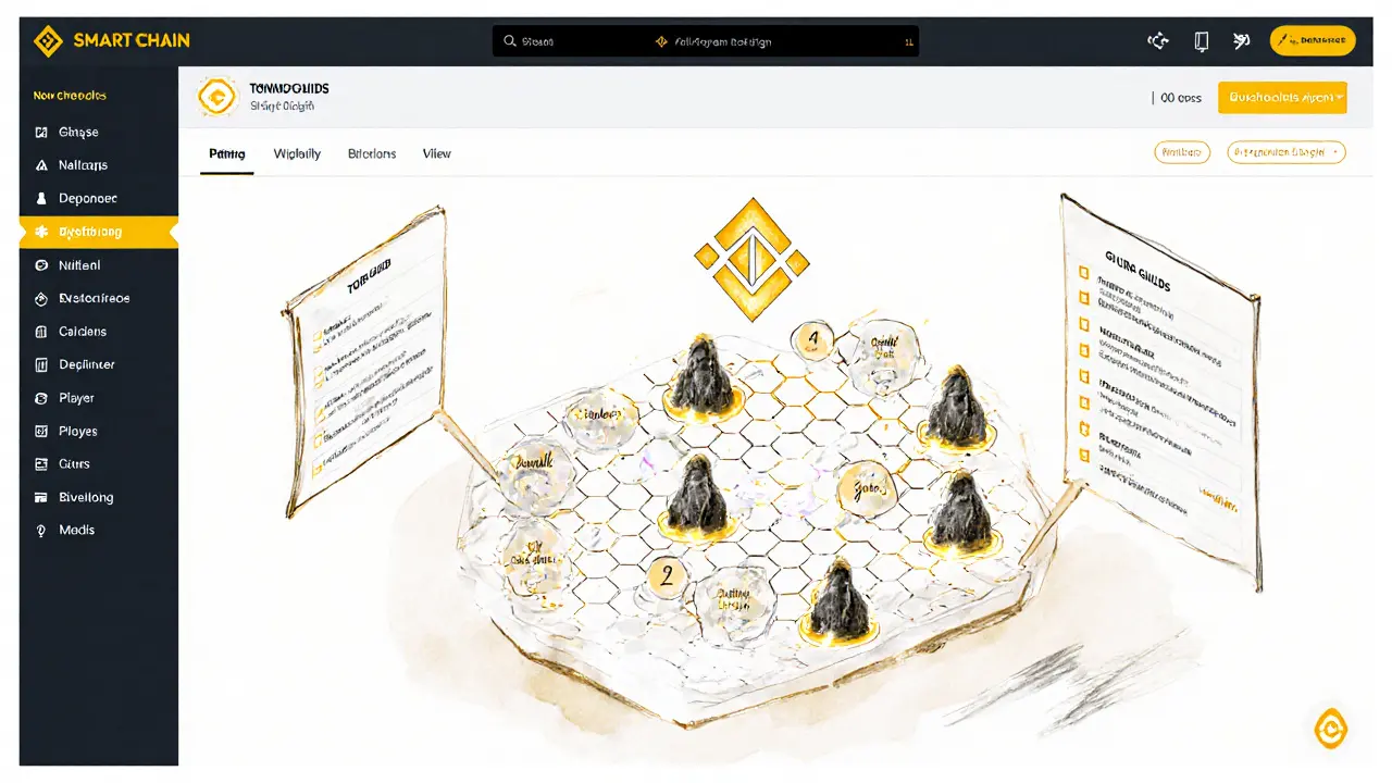 Guild dashboard prototype with hexagonal rankings and task checklists in pencil and watercolor.