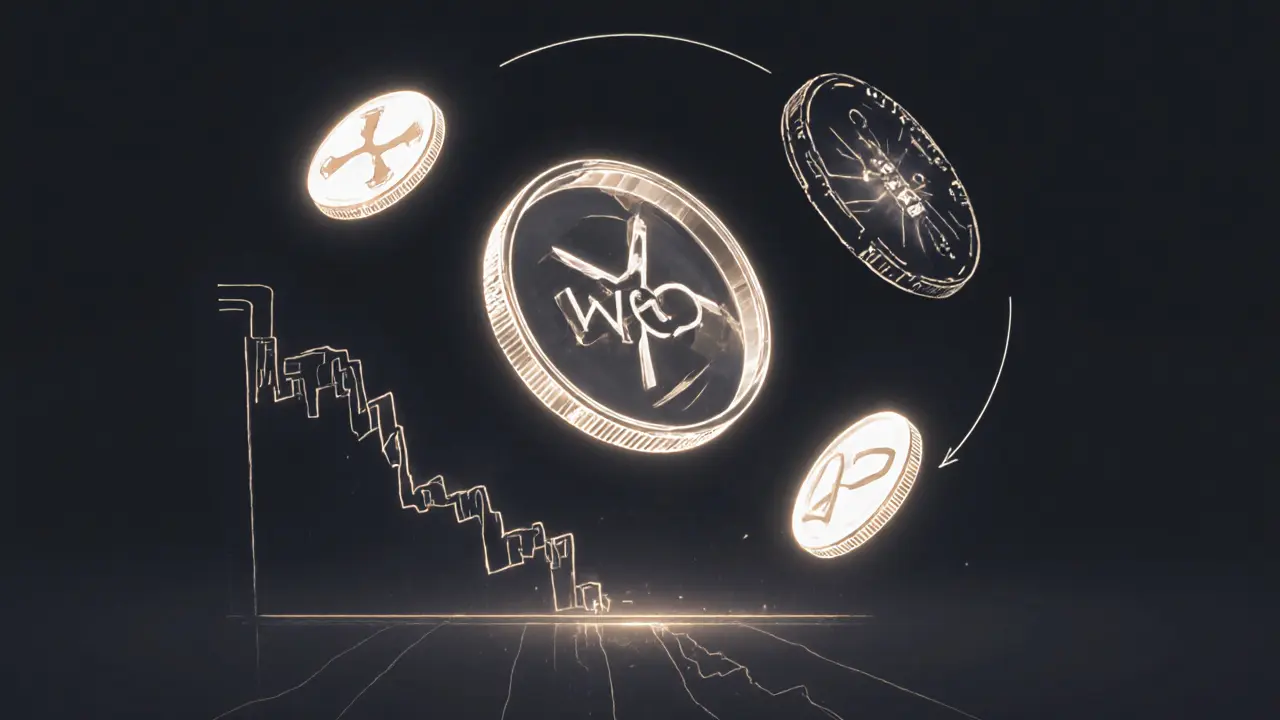 Hollow WCO coin with nothing inside, contrasted with solid payment tokens and a collapsing graph.
