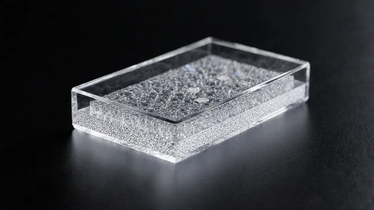 Hybrid transaction module with overlapping traditional and quantum-resistant signature layers, shown as a transparent prototype.