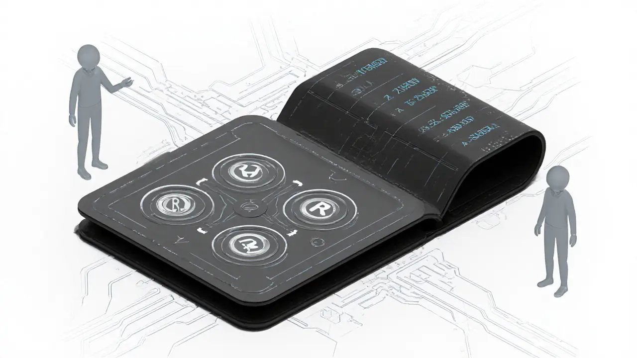 Minimalist ceramic wallet device displaying staking rewards through abstract energy patterns.