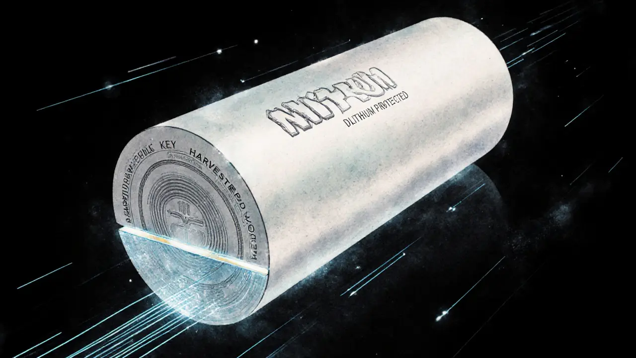 Minimalist quantum-resistant crypto storage device with labeled zones and glowing data flow from blockchain network.