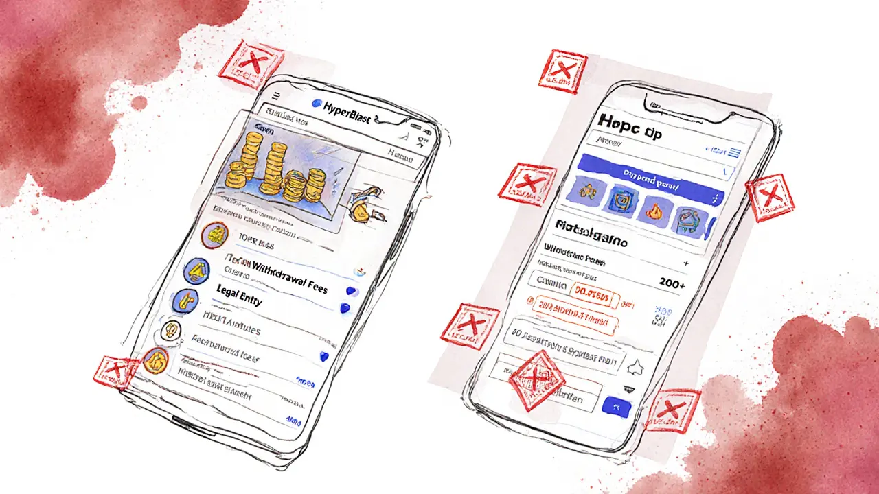 Mobile app wireframe with hidden fees and red X marks over key trust elements.