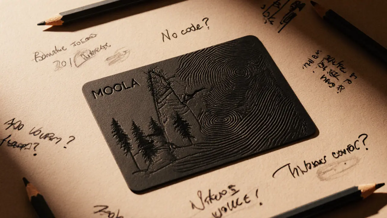 Mock token card with forest design and handwritten doubts about MOOLA&#039;s functionality.
