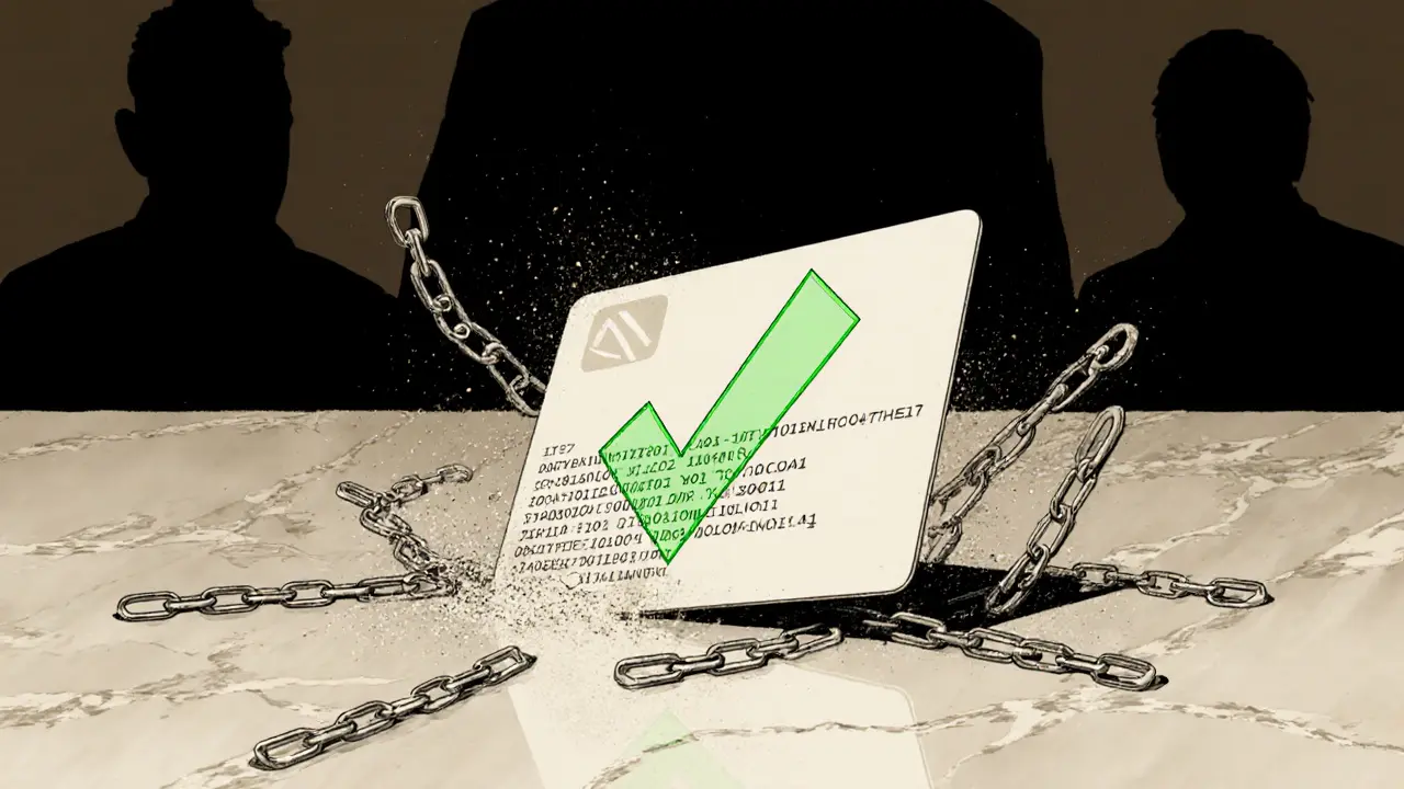 Revoked contract keycard with breaking chains and glowing checkmark