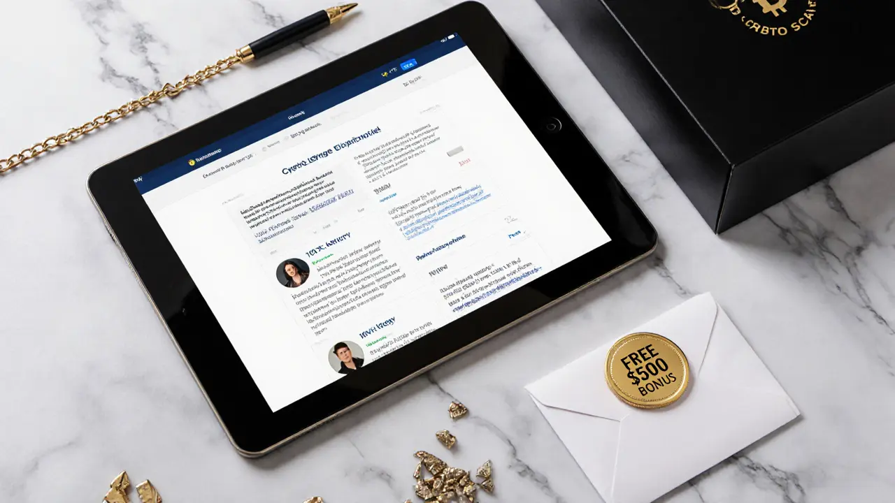 Scam kit with fake bonuses, domain names, and broken transaction chain on marble surface.