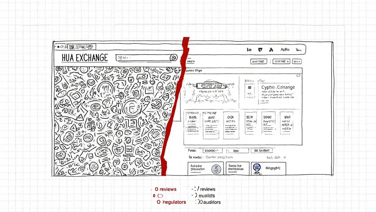 Side-by-side sketch comparing a fake crypto site with a legitimate one, marked by red slash.