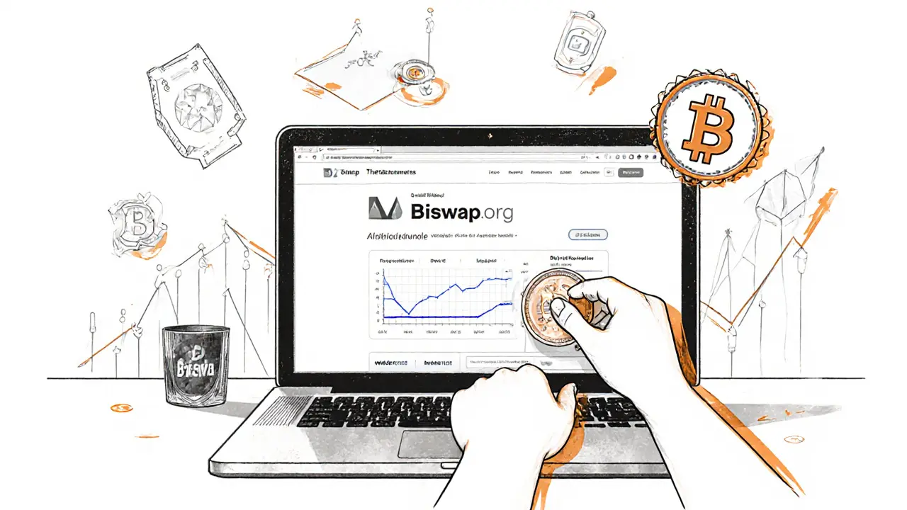 Sketch of a user interacting with the official Biswap site to add liquidity and earn BSW.