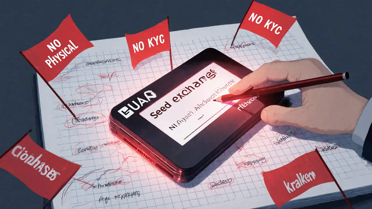 Sketch of a wallet seed phrase being entered into a suspicious device with red warning flags.