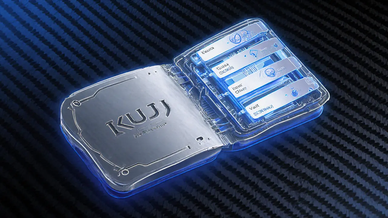 Sleek handheld wallet device with internal Kujira ecosystem components labeled as micro-circuits.