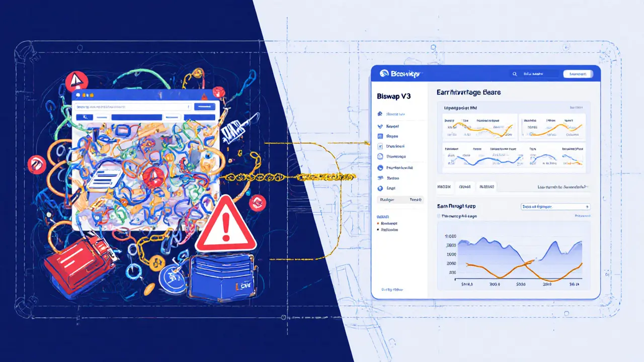 Split design showing chaotic fake airdrops versus calm legitimate BSW farming on Biswap.