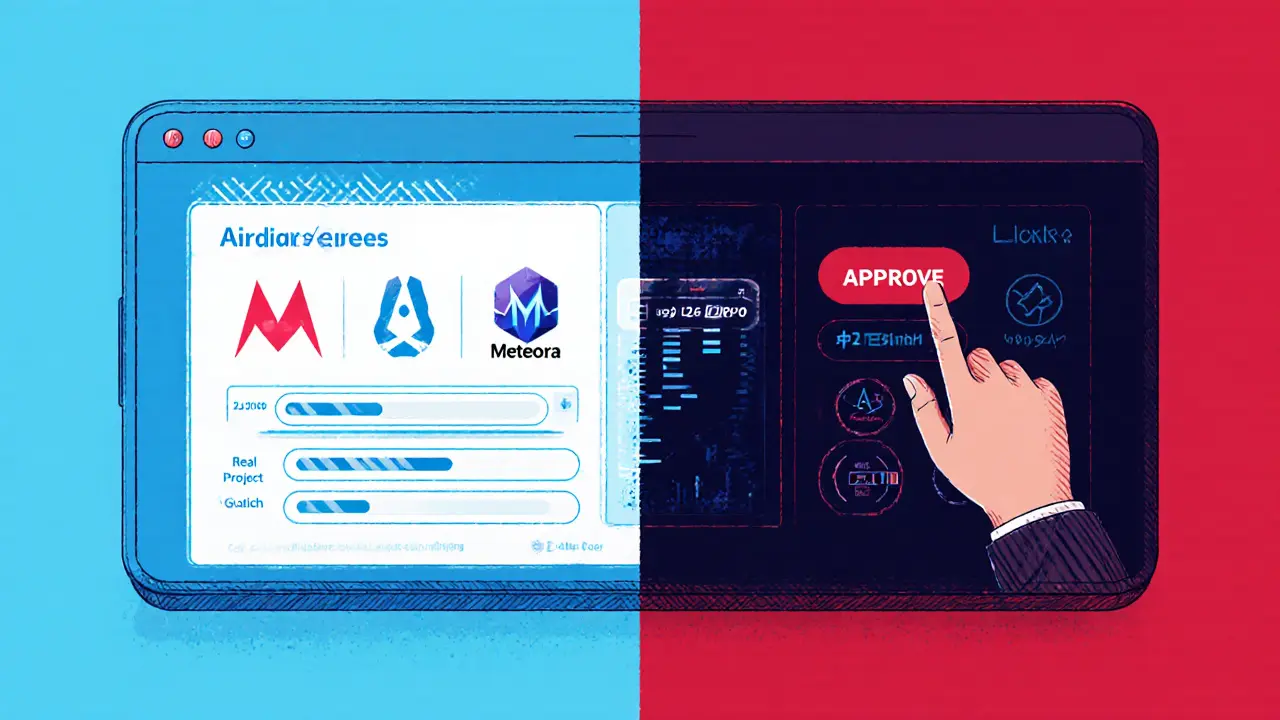 Split design showing legitimate airdrop on one side, scam portal on the other