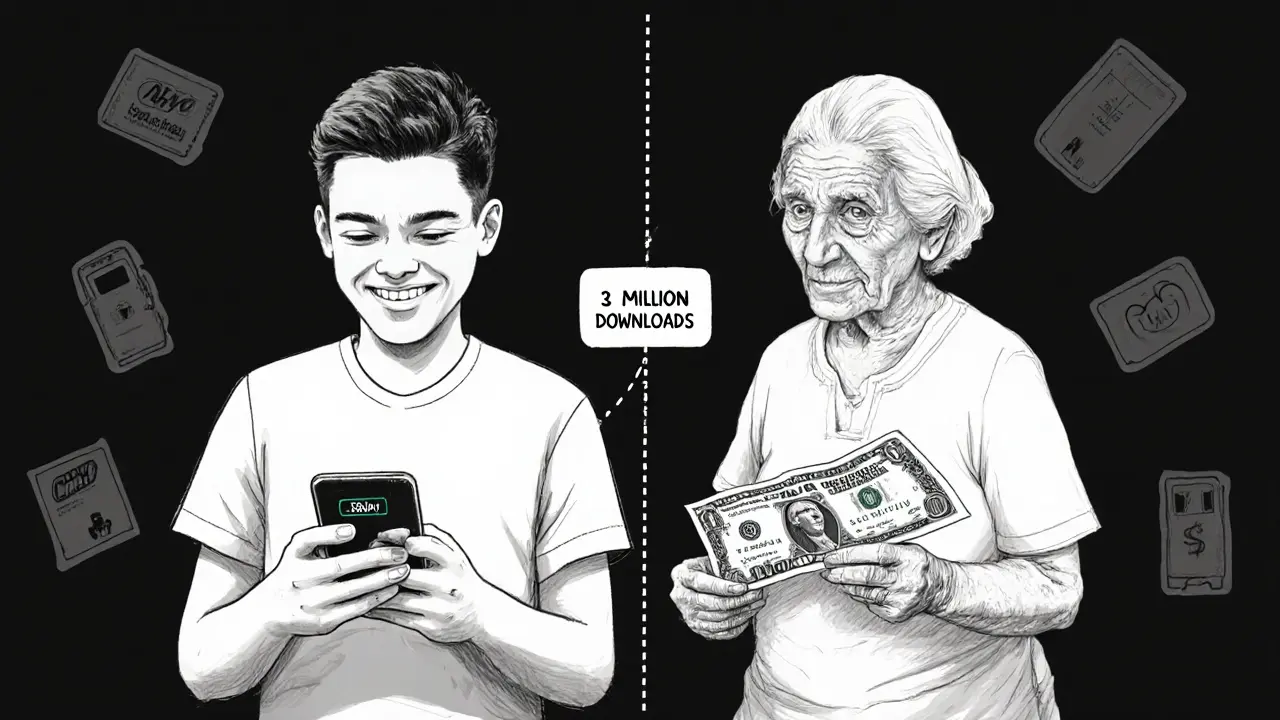 Split portrait of urban tech user and rural elder, connected by a label showing low Bitcoin adoption.
