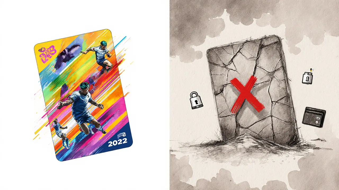 Split sketch showing a vibrant NFT card fading into a cracked, dusty relic with symbols of decay.