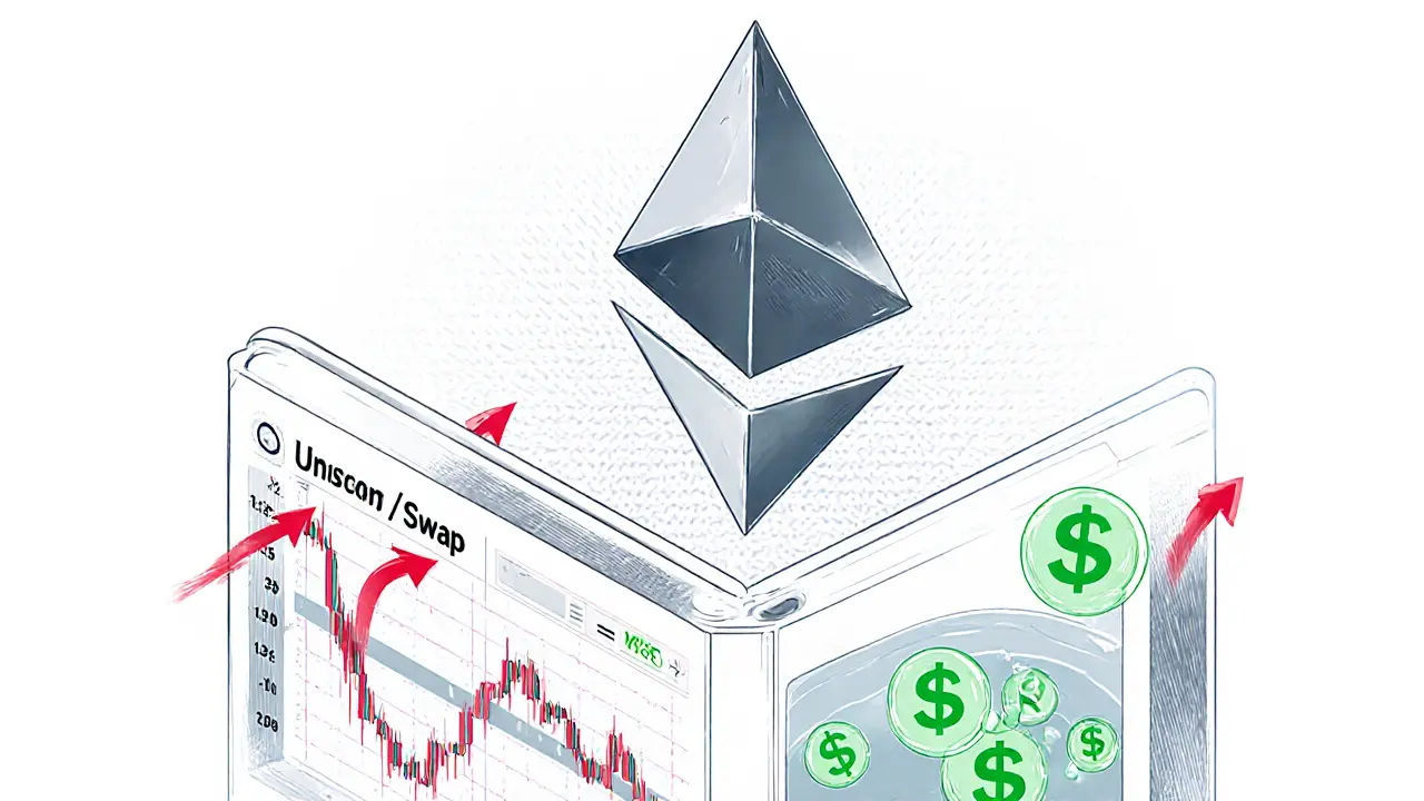 Technical illustration comparing Uniswap and Mooniswap price dynamics with arbitrage arrows.