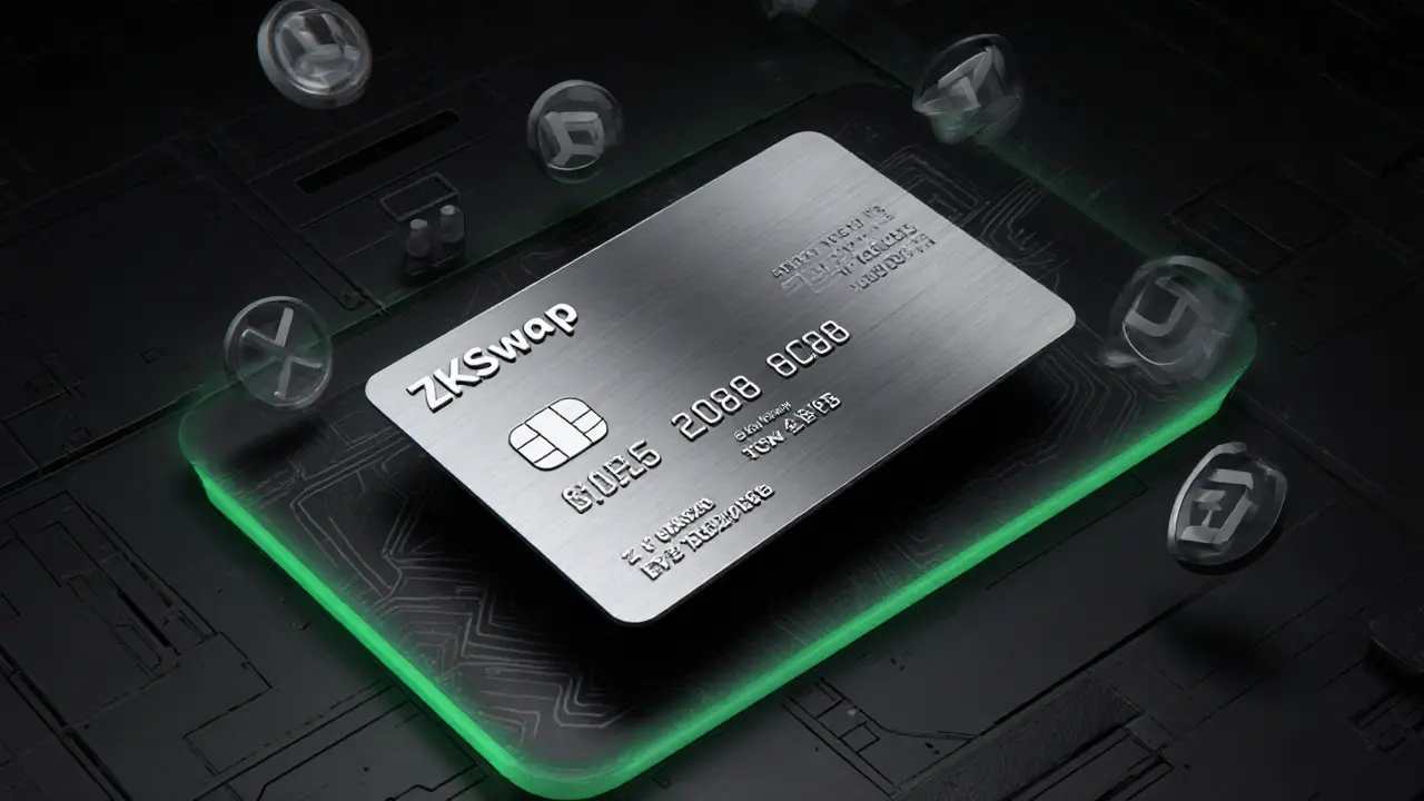 Titanium token card with e-ink display showing ZF rewards and zk-SNARK geometric patterns.