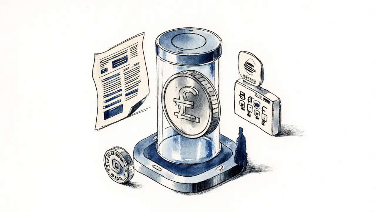Transparent stablecoin issuance hub with GBP-pegged core and audit documents, drawn in silver and blue ink.