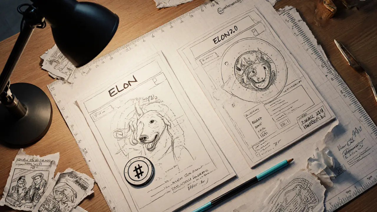 Two token designs side by side on a drafting table, one labeled ELON with a burned symbol, the other ELON2.0, surrounded by comic panels.