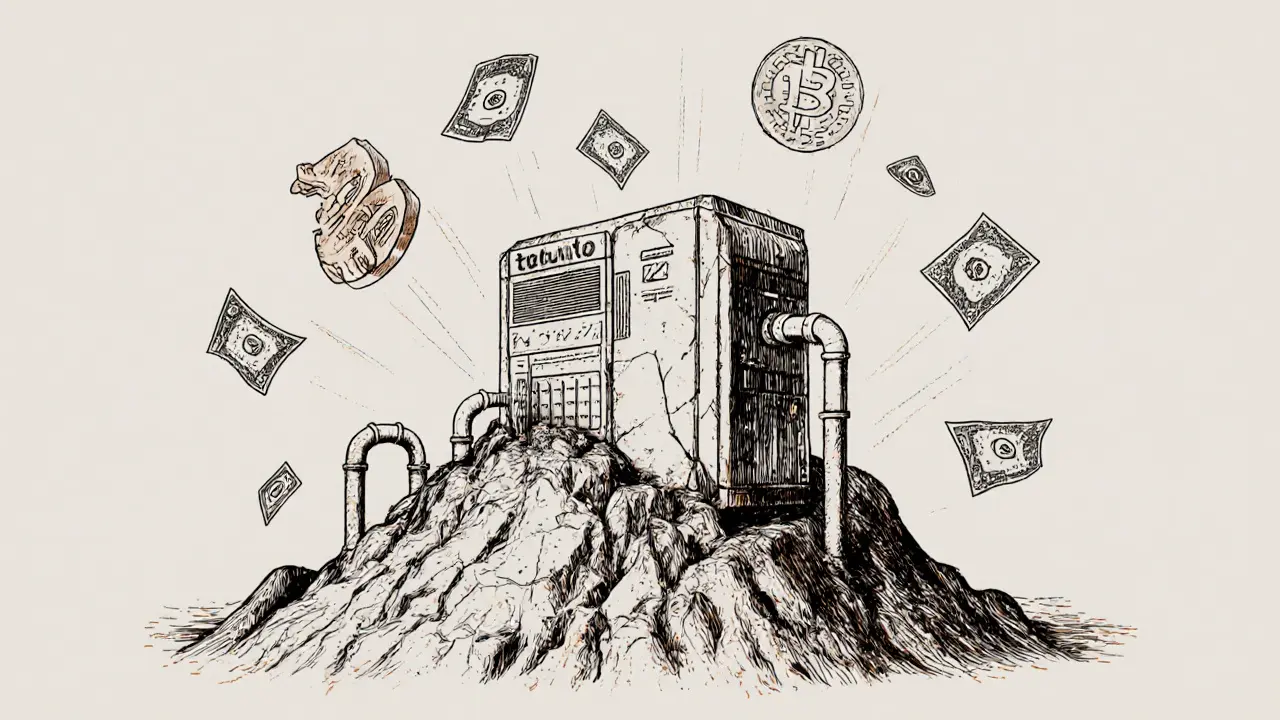 Volcanic Bitcoin mining rig crumbling amid falling dollar bills and IMF symbols.