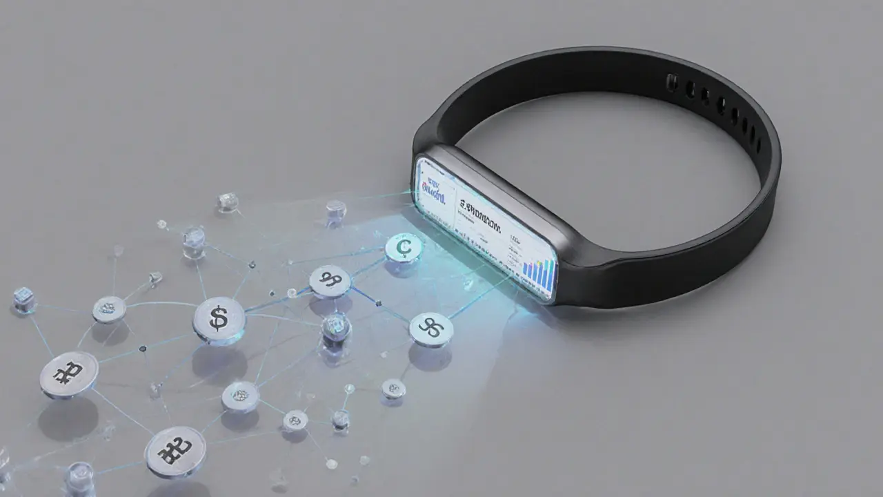 Wearable wristband displaying real-time blockchain analytics and connecting to AI agents through pulsing data nodes.