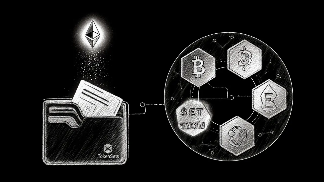 Web3 wallet connected to a glowing smart contract node with geometric Sets arranged in a circular portfolio.