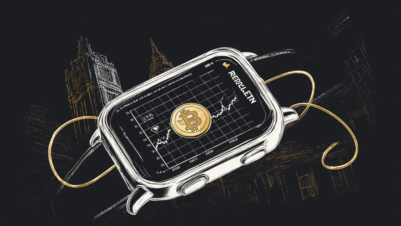Wrist-worn cETN device showing Bitcoin price with FCA shield, connected to London Stock Exchange tower in metallic sketch.