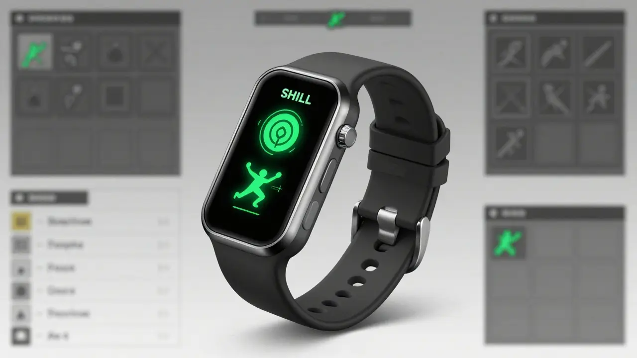 A minimalist wristband displaying animated SHILL Token symbols, designed for in-game activity tracking.
