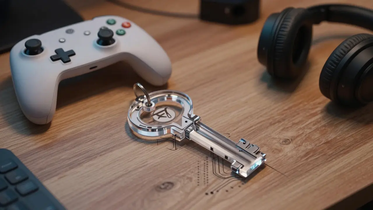 A transparent dungeon key-shaped token holder with visible circuits, resting on a gamer's desk.