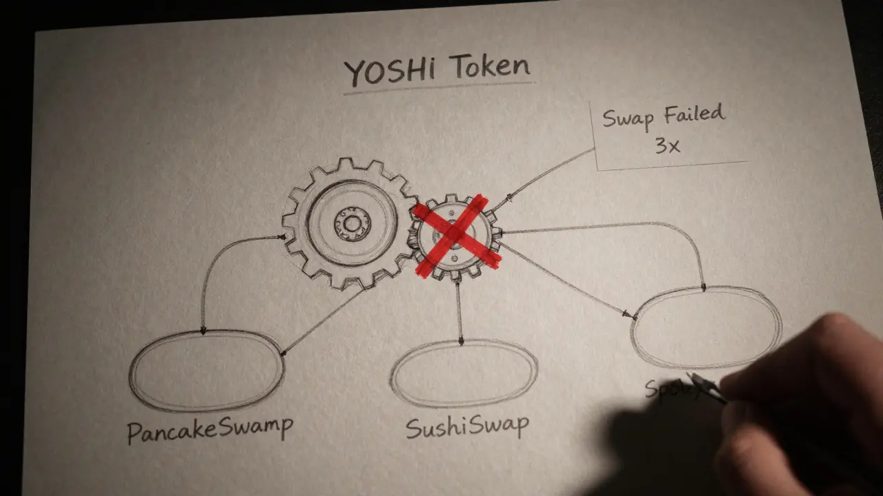 Broken gear system representing YOSHI token with empty liquidity connections and a failed swap mark.