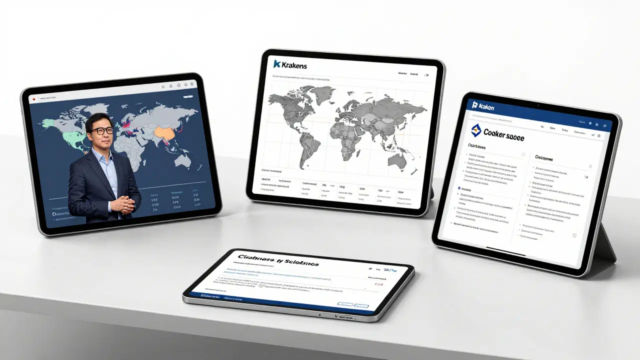 CEO desk with three tablets showing global licenses, Davos speech, and SEC certification in technical sketch style.