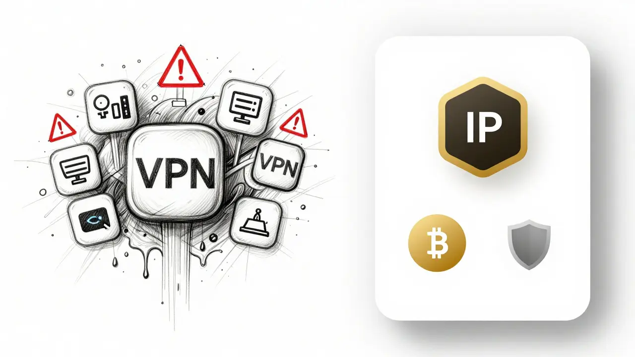 Contrasting free vs premium VPN interfaces in technical sketch with warning icons and security badges