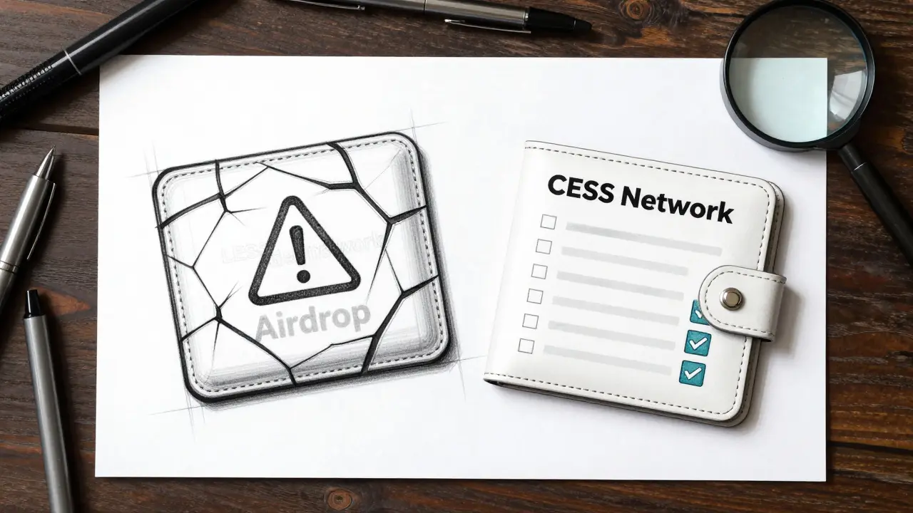 Cracked fake wallet next to a verified real wallet, drawn in technical sketch style with warning and checklist details.