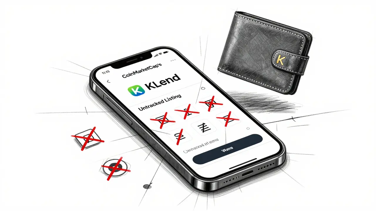 Cracked phone screen showing 'Untracked Listing' warning over KLend logo, with crossed-out trading icons and empty wallet.