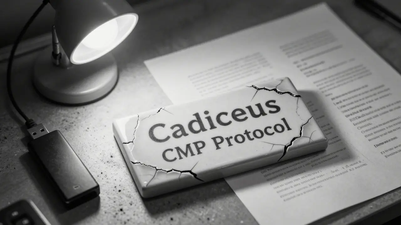 Cracked plaque labeled 'Caduceus CMP' on a dusty desk with dead USB and faded whitepaper