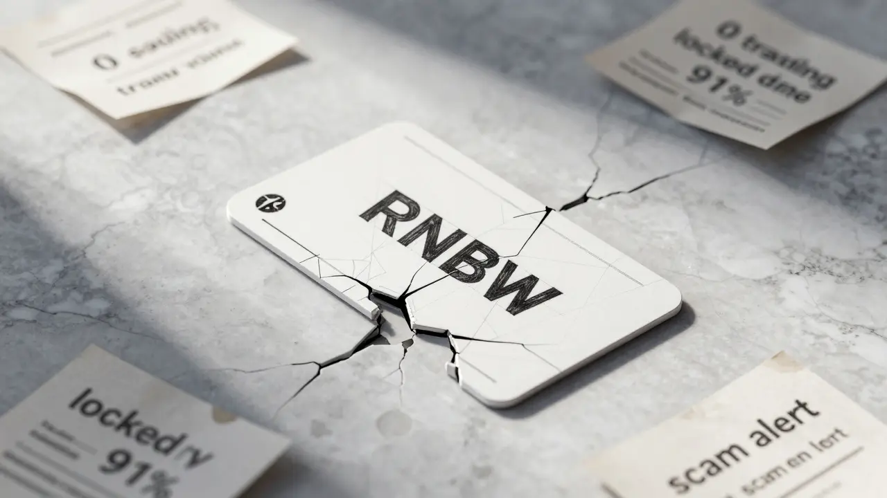 Cracked RNBW token card on marble with notes about low volume and scams.