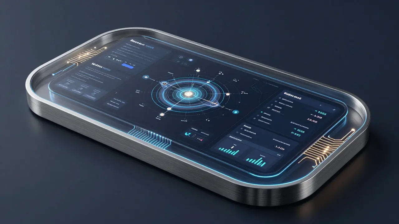 Curved glass dashboard displaying validator network metrics with metallic frame and neon circuit lighting.