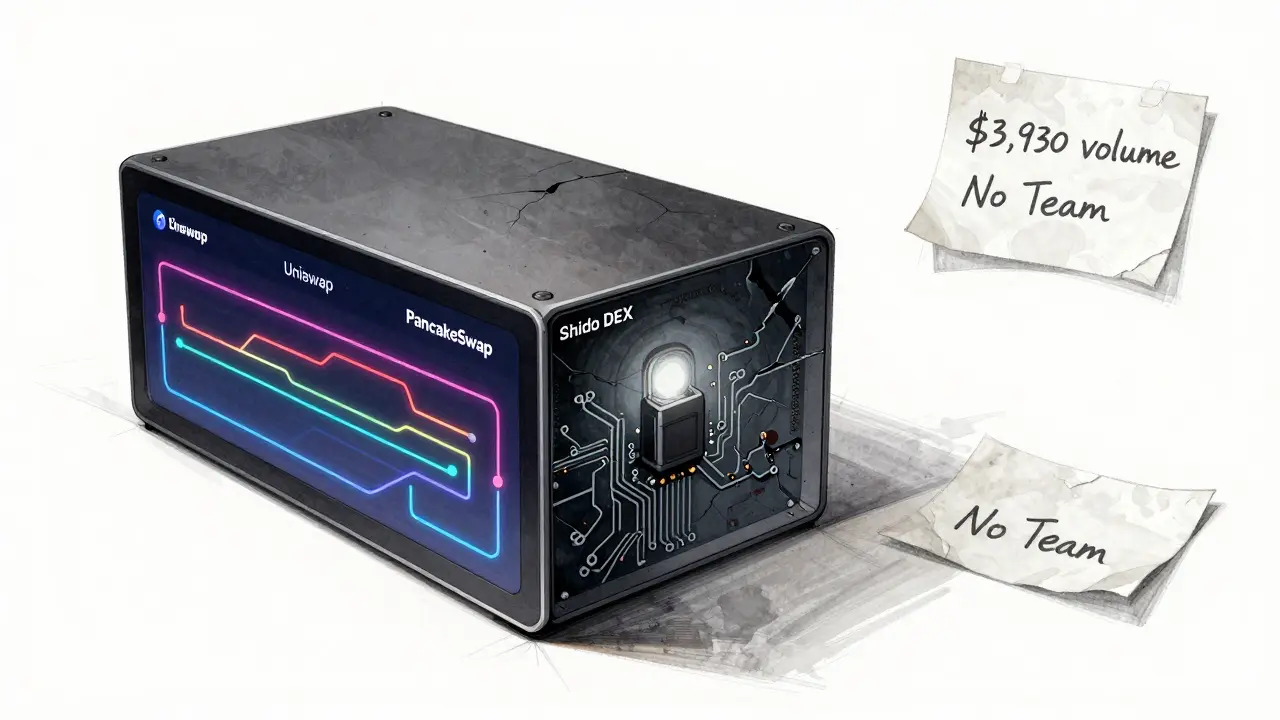 Design sketch comparing thriving exchanges to a single dim Shido DEX prototype.