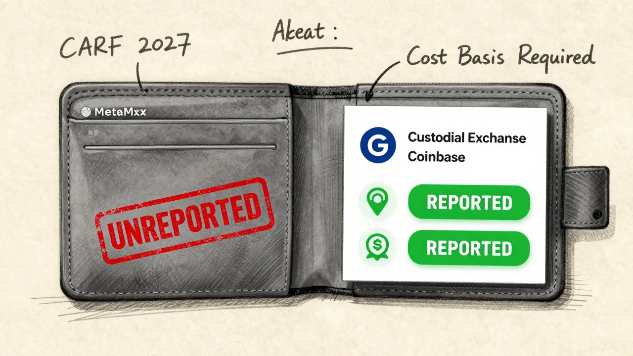Dual wallet sketch comparing unreported and reported crypto holdings with annotations.