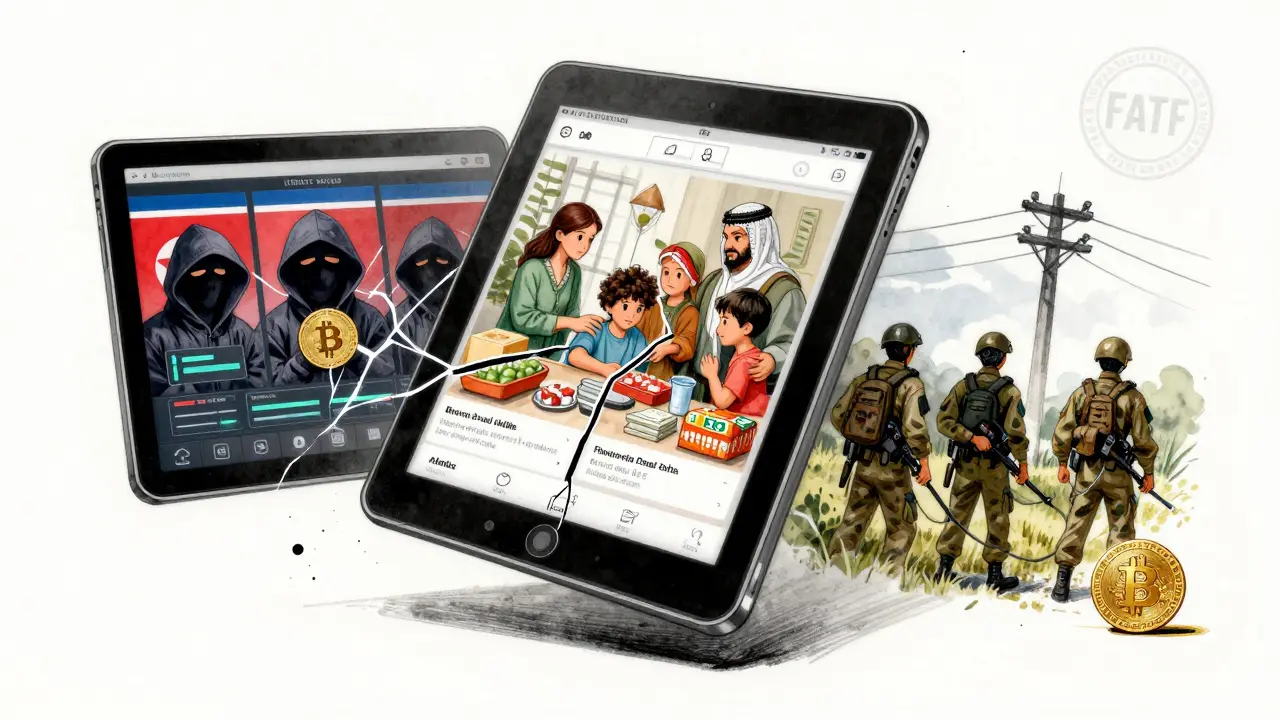 Fractured digital ledger showing hackers, families, and soldiers using crypto in three sanctioned countries.