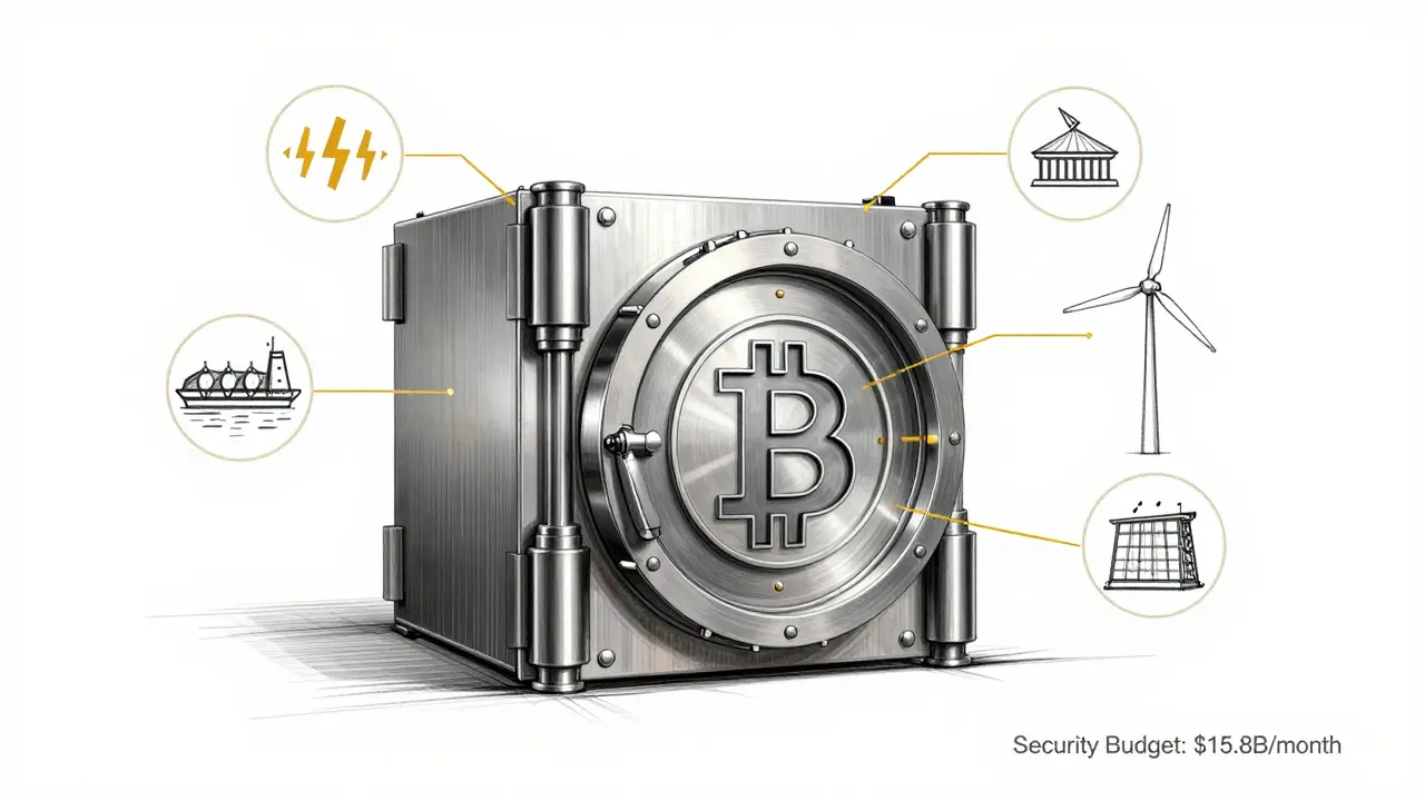 Futuristic Bitcoin vault surrounded by energy sources, drawn as a premium product design illustration.