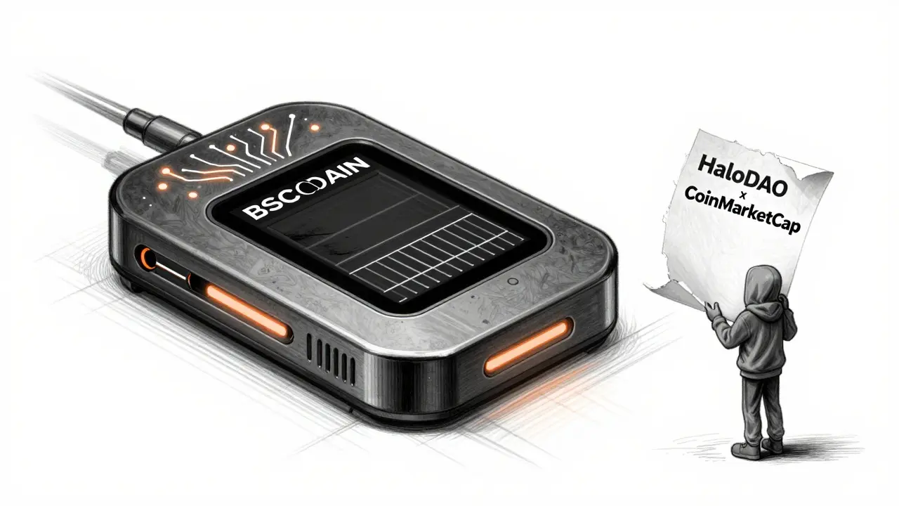 Futuristic blockchain node with dead screen, holding a torn airdrop flyer.