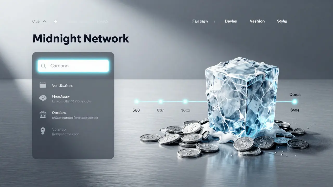 Futuristic claim interface with Cardano wallet input and melting ice sculpture visualizing 360-day token vesting.