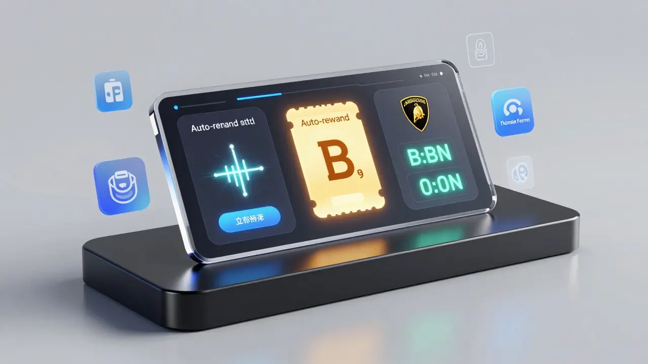 Futuristic staking dashboard panel with LED rewards indicators and Thunder Farms icons.