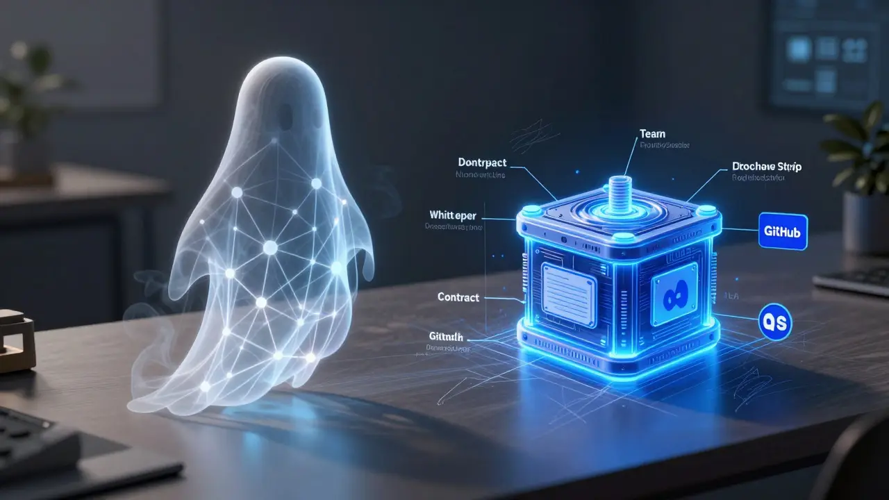 Ghostly dissolving network diagram beside a complete blockchain node, illustrated in layered pencil sketch with revision marks.