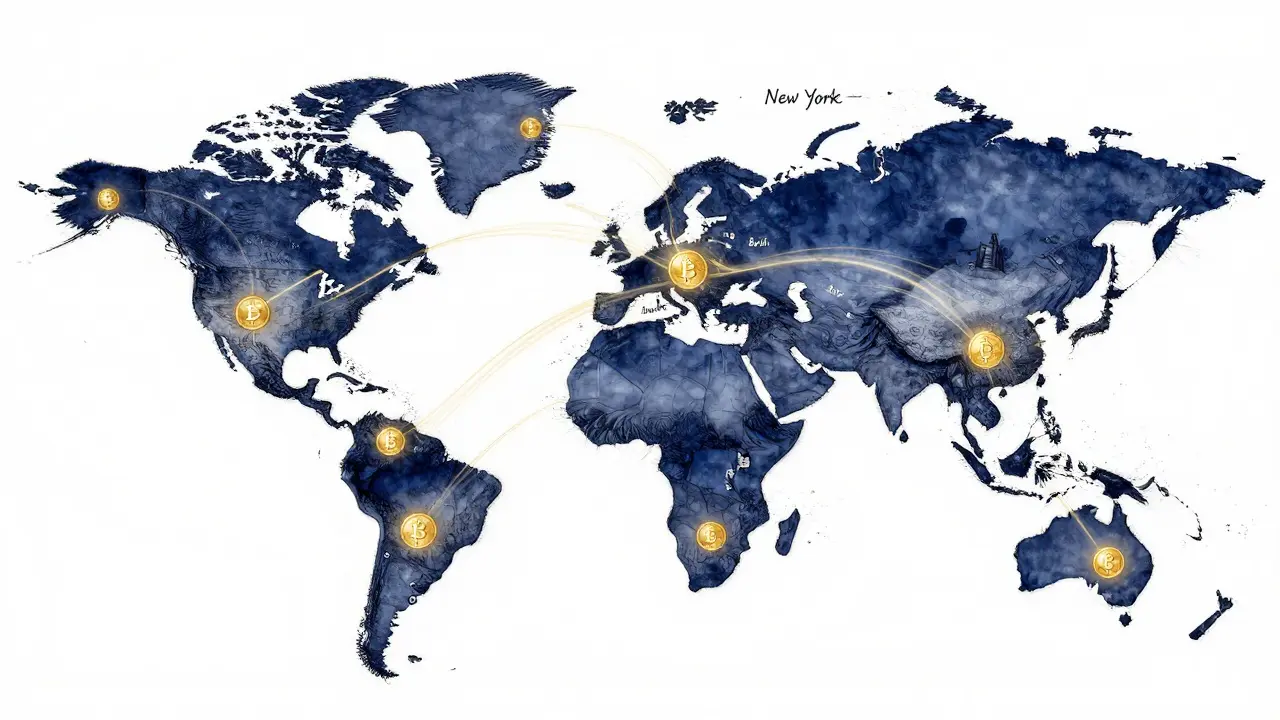 Global network sketch showing interconnected countries with crypto data flows in indigo and gold.