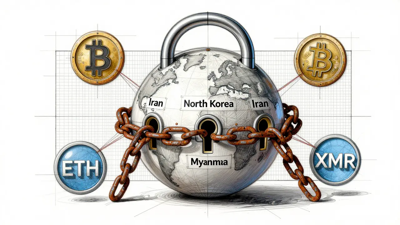 Globe-shaped lock with three blocked keyholes, surrounded by crypto symbols filtered through compliance grids.