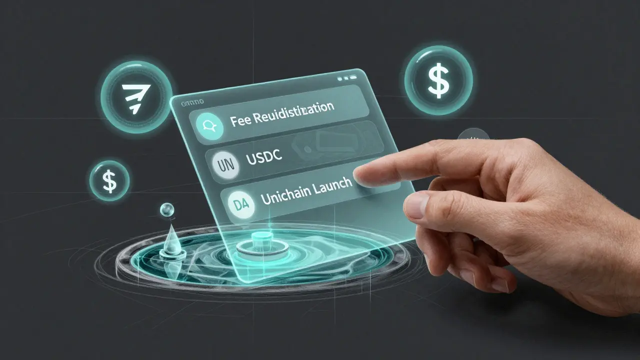 Hand holding a holographic UNI governance interface with floating liquidity pools